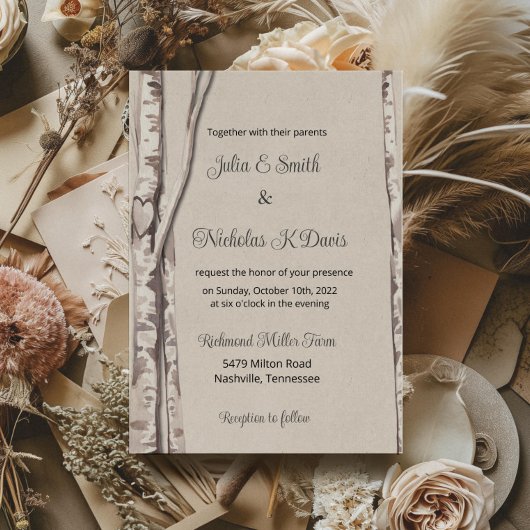 Rustic Birch Tree Woodland Wedding Invitation Kaart