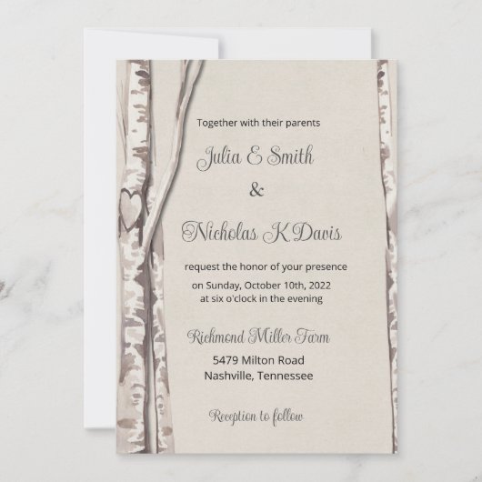 Rustic Birch Tree Woodland Wedding Invitation Kaart (Voorkant)