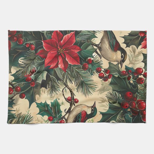 Rustic Bird en Poinsettia kerstpatroon (13) Theedoek (Horizontaal)