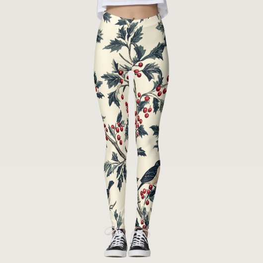 Rustic Bird en Poinsettia kerstpatroon (18) Leggings (Voorkant)