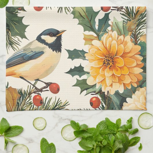 Rustic Bird en Poinsettia kerstpatroon (9) Theedoek (Gevouwen)