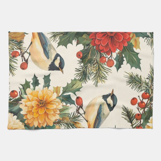 Rustic Bird en Poinsettia kerstpatroon (9) Theedoek (Horizontaal)