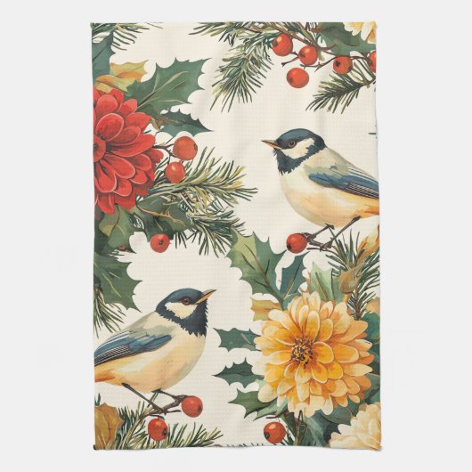 Rustic Bird en Poinsettia kerstpatroon (9) Theedoek (Verticaal)