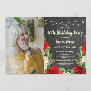 Rustic Birthday Party Chalk Red Roses Flower Photo Kaart