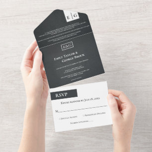 Rustic Black and White Monogram Modern Wedding All In One Uitnodiging