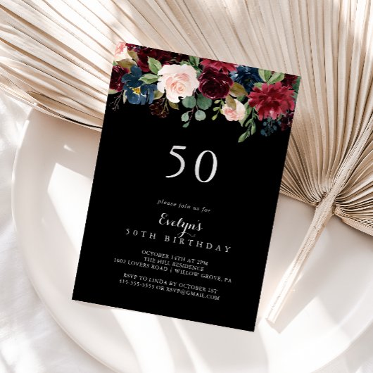 Rustic Black Botanical 50th Birthday Party Kaart