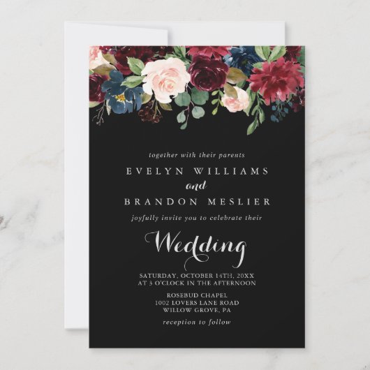 Rustic Black Botanical Front & Back Wedding Kaart (Voorkant)