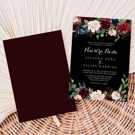 Rustic Black Botanical Nuestra Boda Wedding Kaart