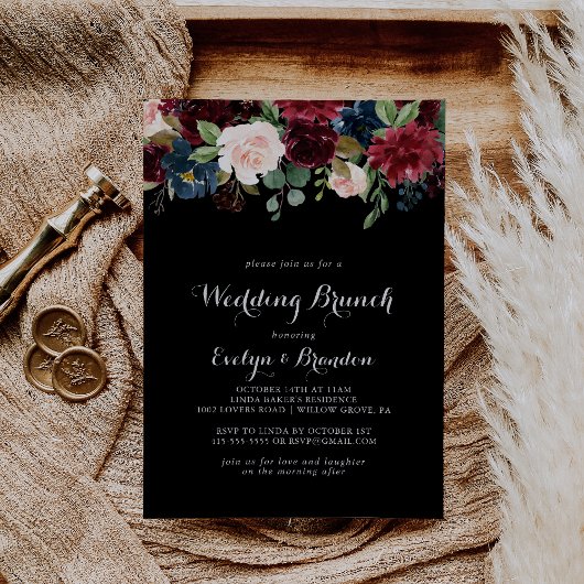 Rustic Black Botanical Wedding Brunch Kaart