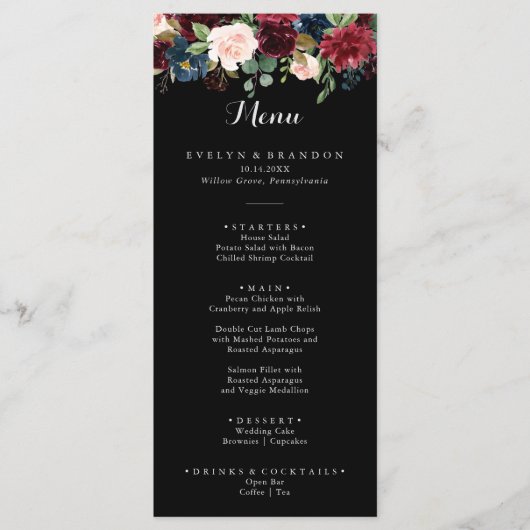 Rustic Black Botanical Wedding Dinner Menu Kaart (Voorkant)