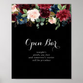 Rustic Black Botanical Wedding Open Bar Sign Poster (Voorkant)