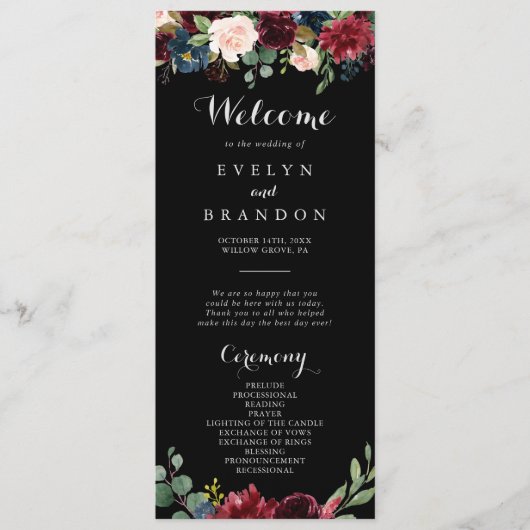 Rustic Black Botanical Wedding Programme (Devant)