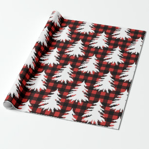 Rustic Black Buffalo Check Geplakte Witte Bomen Cadeaupapier
