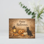Rustic Black Cat Corn Halloween Feestdagenkaart (Staand voorkant)