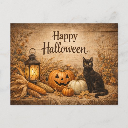 Rustic Black Cat Corn Halloween Feestdagenkaart (Voorkant)