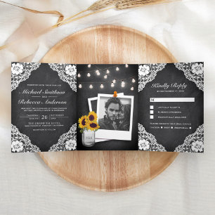 Rustic Black Chalkboard Lace String Lights Wedding Drieluik Uitnodiging