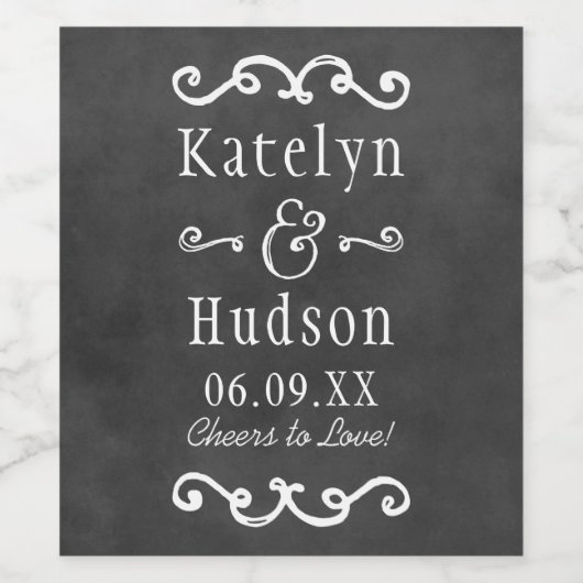 Rustic Black Chalkboard Script Monogram Weddenscha Wijn Etiket (Enkel label)