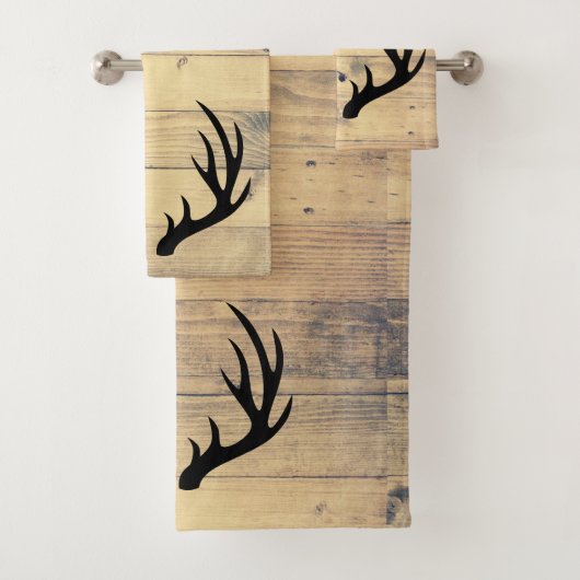 Rustic Black Deer Antlers & Farmhouse Wood Planks Bad Handdoek (Insitu)