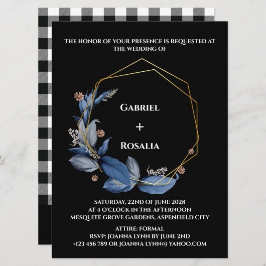 Rustic Black en Dusty Blue Wedding Invitations (Voorkant / Achterkant)