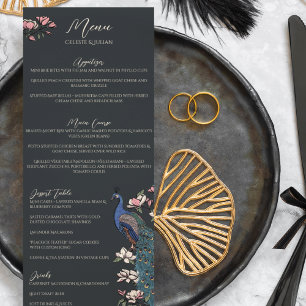 Rustic Black Floral Peacock Bird Menu Mariage