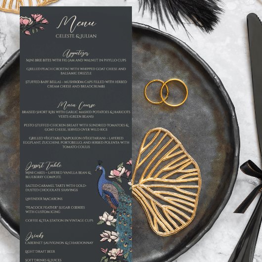 Rustic Black Floral Peacock Bird Menu Mariage