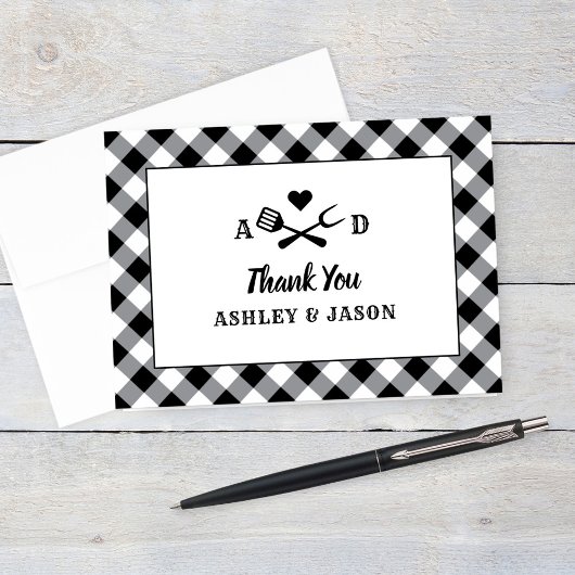Rustic Black Gingham Pset BBQ Wedding Monogram Bedankkaart