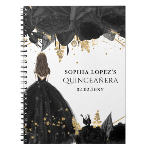 Rustic Black Gold Floral Princess Quinceanera Notitieboek