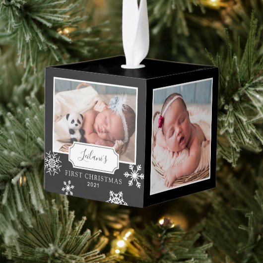 Rustic Black Photo Collage Snow Kubus Ornament (Boom)