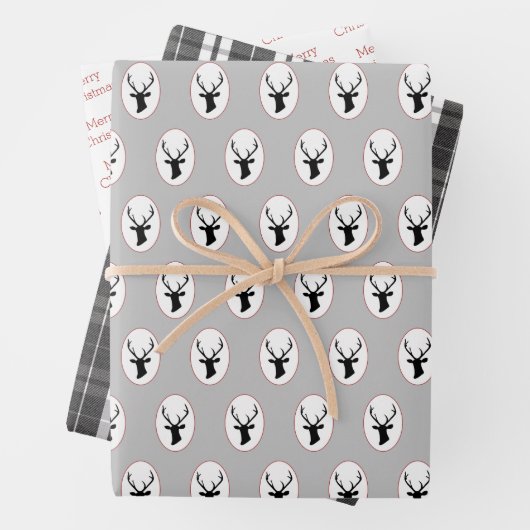Rustic Black Reindeer met Black en White Tartan Inpakpapier Vel (In situ)