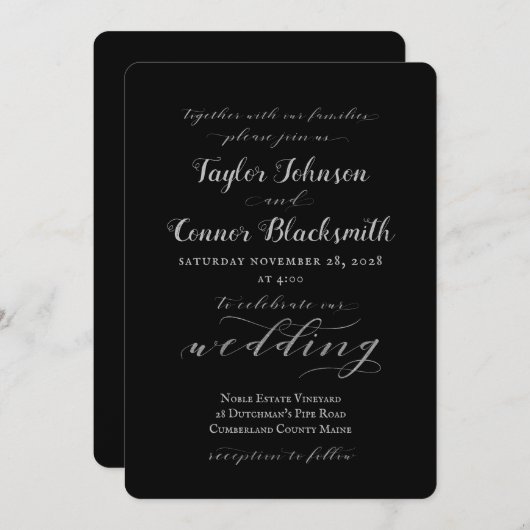 Rustic Black Silversmith Calligraphy Wedding Kaart (Voorkant / Achterkant)