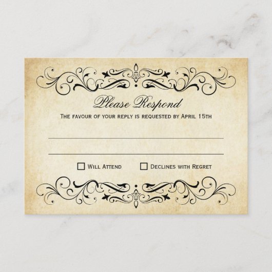  Rustic Black Vlourish Parchment Wedding RSVP Kaartje (Voorkant)