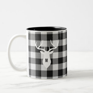 Rustic Black White Buffalo Check Deer Monogramed Tweekleurige Koffiemok