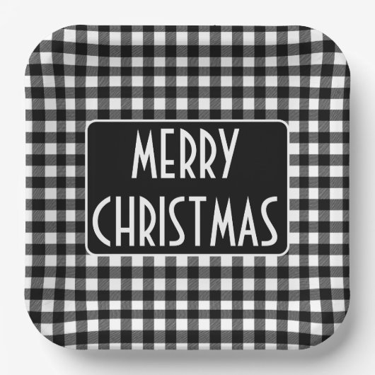 Rustic Black & White Buffalo Plaid Merry Christmas Papieren Bordje (Voorkant)