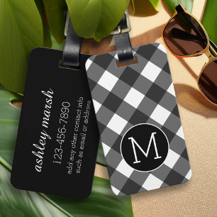 Rustic Black White Buffalo Plaid Pattern Monogram Bagagelabel