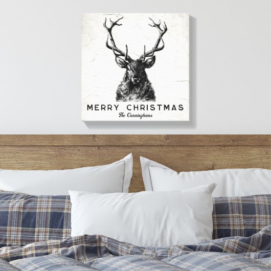 Rustic Black White Deer Kerst Monogram Canvas Afdruk (Insitu (Slaapkamer))