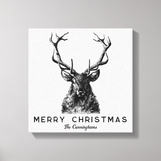 Rustic Black White Deer Kerst Monogram Canvas Afdruk (Voorkant)