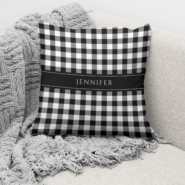 Rustic Black & White Gingham Pattern Name Kussen (Creator heeft geüpload)