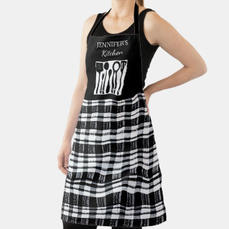 Rustic black white plaid monogram name kitchen schort