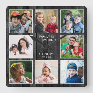 Rustic Black Wood 8 Photo Collage Family Quote  Vierkante Klok