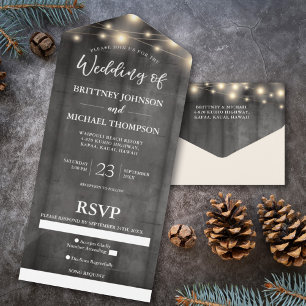 Rustic Black Wood String Light Wedding Song All In One Uitnodiging