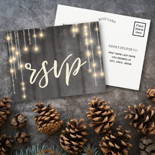 Rustic Black Wood String Lights Uitnodiging Briefkaart