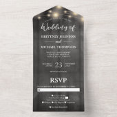 Rustic Black Wood String Lights Wedding All In One Uitnodiging (Binnen)