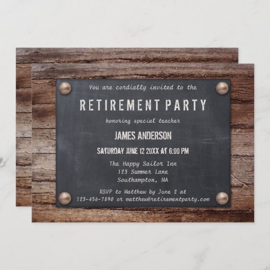 Rustic Blackboard op uitnodiging voor houten pensi (Voorkant / Achterkant)