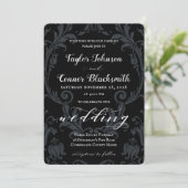 Rustic Blacksmith Calligraphy Black Damask Wedding Kaart (Staand voorkant)