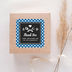 Rustic Blauw Gingham BBQ Huwelijk Bedankt Vierkante Sticker