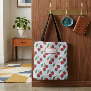 Rustic Blauw Gingham En Kersen Monogram Draagtas