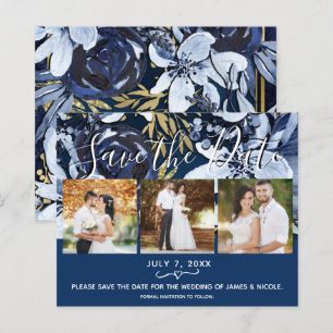 Rustic Blauw & Goud Bloemig Foto Bewaar de Datum