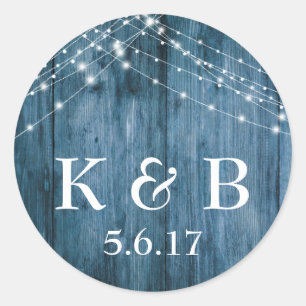 Rustic Blauw Hout & Witte Licht Snaar Trouwfeest Ronde Sticker