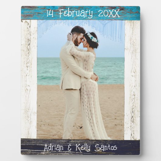 Rustic Blauw Houten Foto Huwelijksjubileum Fotoplaat (Voorkant)