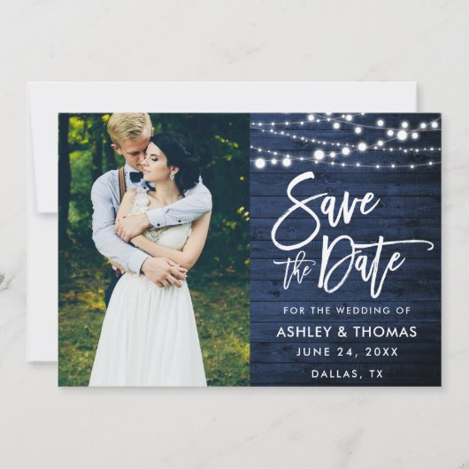 Rustic Blauw Houten Lichten Borstel Schrift Foto Save The Date (Voorkant)